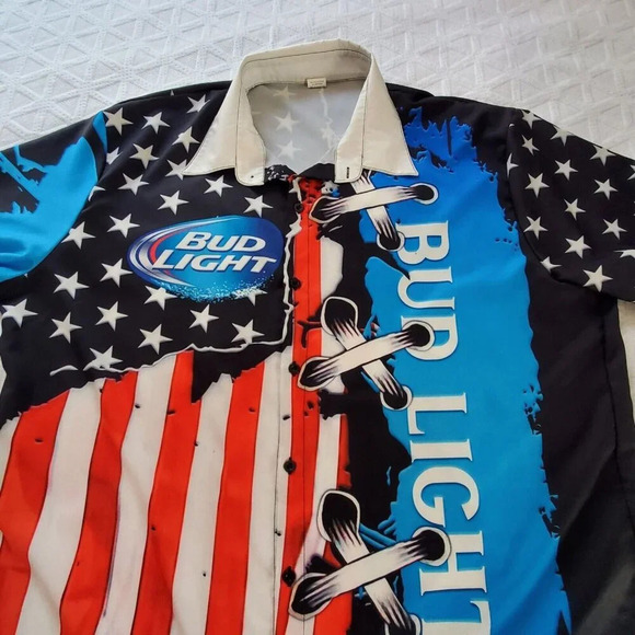 Bud Light American Flag Jersey Button Up Shirt Short Sleeve Patriotic  Size XXL - Picture 3 of 10